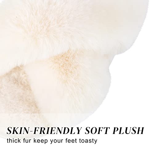Parlovable Women's Fuzzy Slippers Comfy Cross Band House Shoes Memory Foam Open Toe Indoor Gifts for Ladies Off-white 5-6 - Image 2