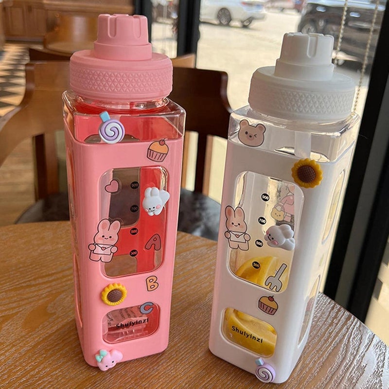HOMECRAZE Kawaii Water Bottle With Straw Water Bottles Portable Square Drinking Bottle For Girl - Image 2