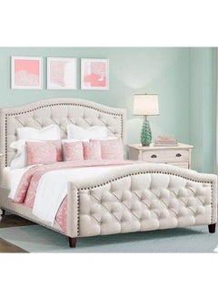 Homzmart White Wood and Linen Super King Bed 200x180x140 cm - Beige  - Image 1