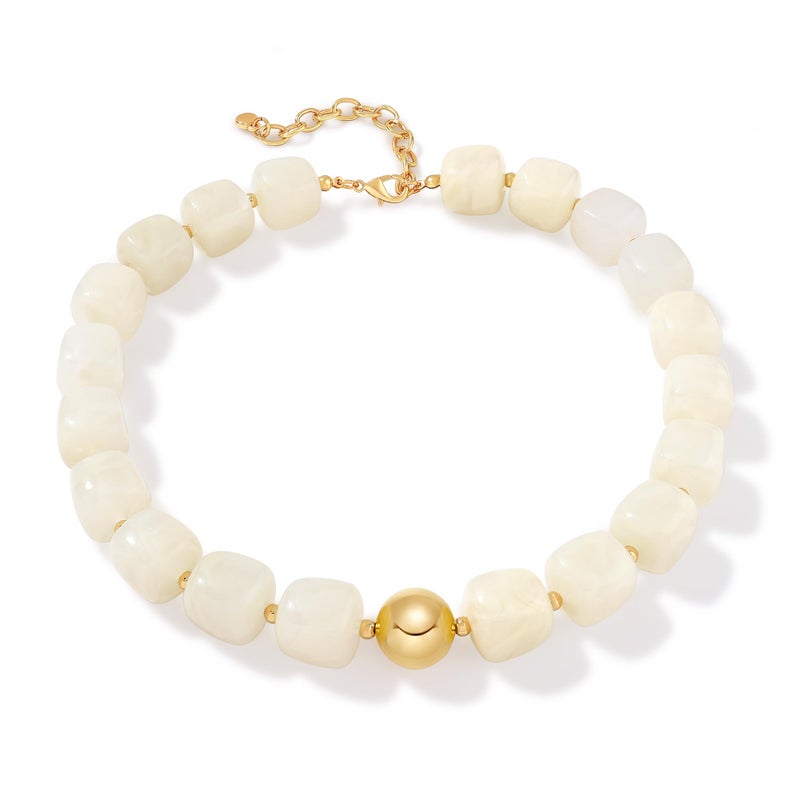 WOWORAMA Chunky Beaded Necklace for Women Trendy Cream White Statement Chunky Necklaces Large Square Resin Beads Choker Necklace Boho Summer Jewelry - Image 1