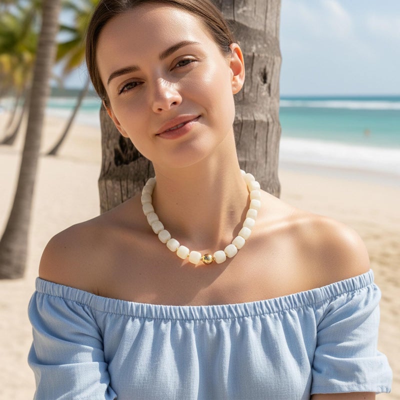 WOWORAMA Chunky Beaded Necklace for Women Trendy Cream White Statement Chunky Necklaces Large Square Resin Beads Choker Necklace Boho Summer Jewelry - Image 3