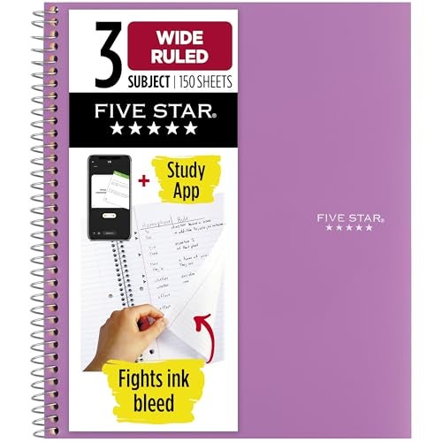 Five Star Spiral Notebook + Study App, 3 Subject, Wide Ruled Paper, 8" x 10-1/2", 150 Sheets, Fights Ink Bleed, Water Resistant Cover, Amethyst Purple (38737) - Image 1
