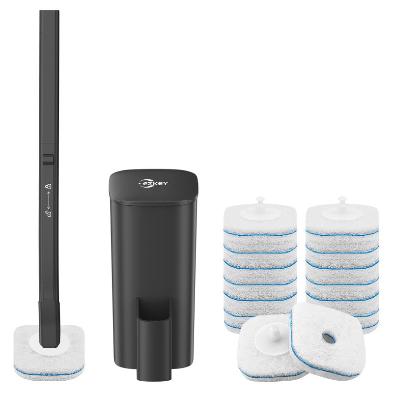 EZKEY Disposable Toilet Brush, 14 Refills Toilet Bowl Cleaner Wand, Toilet Cleaner Brush Toilet Cleaning System Toilet Brush and Holder Set for Bathroom Cleaning (Black) - Image 1