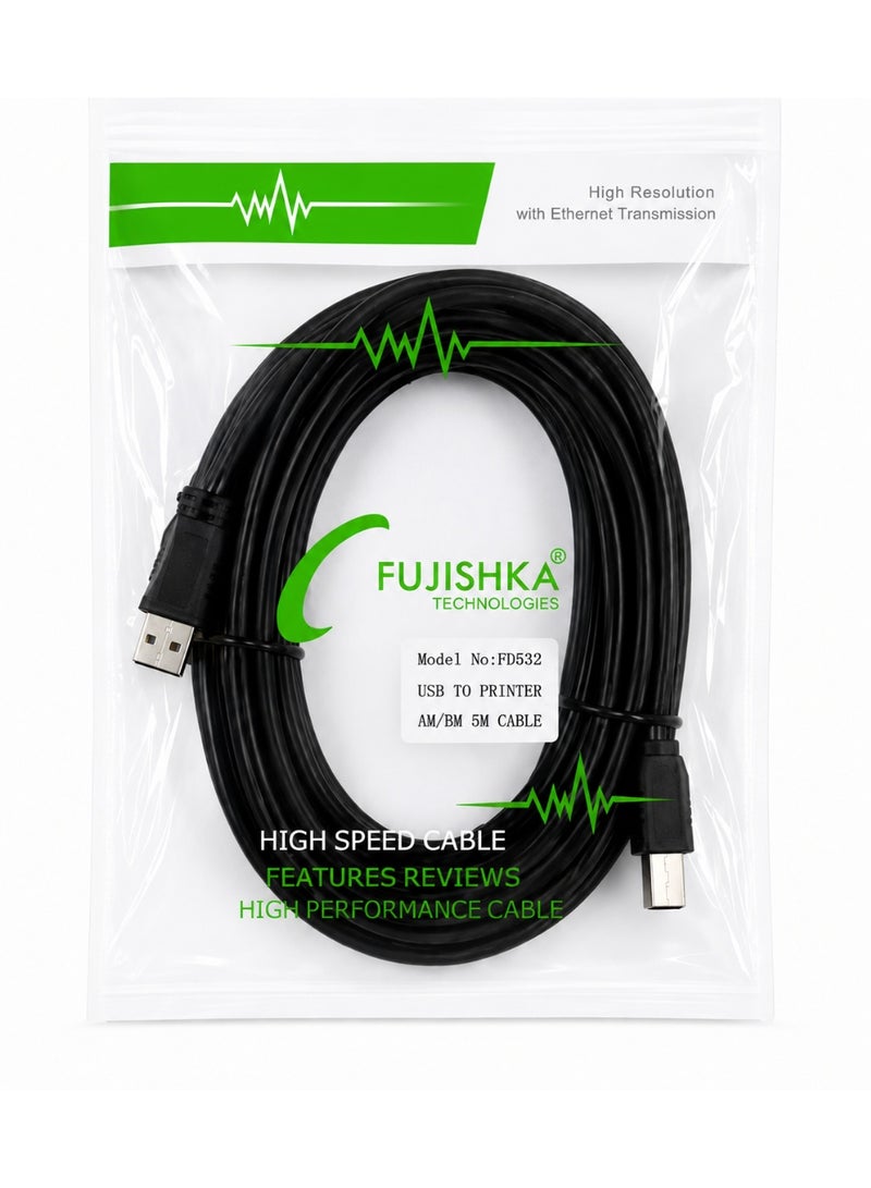 فوجيشكا كابل طابعة USB 2.0 من AM إلى BM بطول 5 أمتار، كابل بيانات عالي السرعة للطابعة والماسحة الضوئية وجهاز الفاكس - FD532 - Image 2