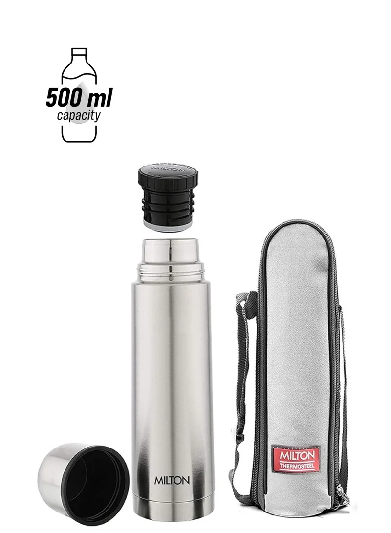 Milton Milton 500ml Thermosteel Flask with Jacket, Keeps Drinks Hot and Cold for 24 Hours, 18/8 Stainless Steel, Double-Walled Vacuum Insulated Water Bottle with Inner Copper Coating - Plain Lid - Silver