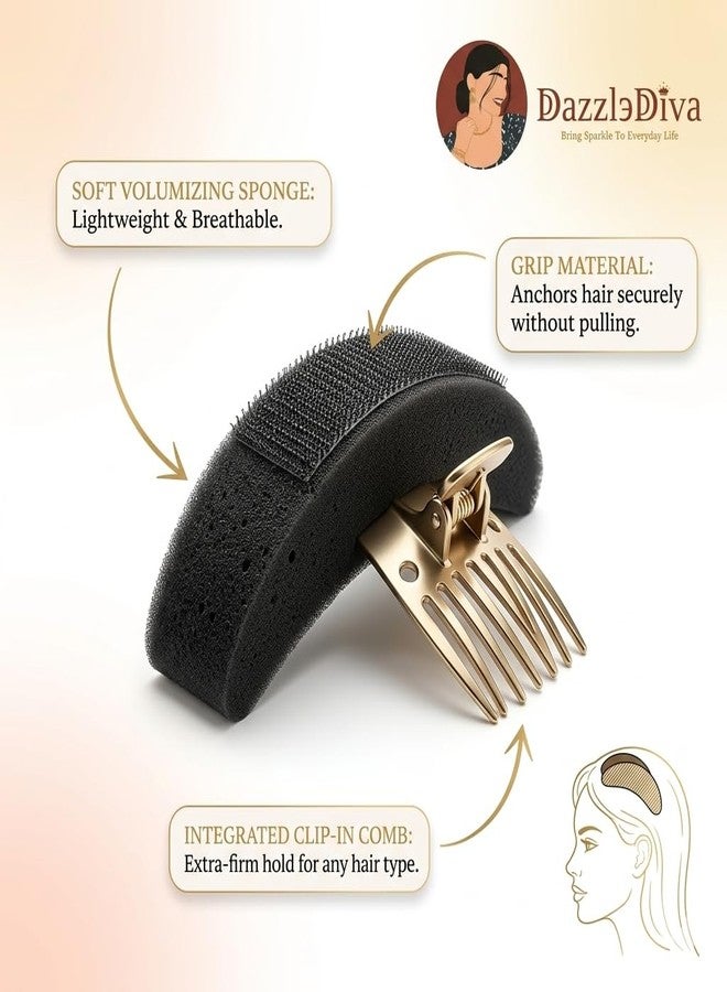 DazzleDiva Hair Volume Bump It Up Tool - Instant Puff Base Clip for Ponytail & Updo Styling - Lightweight Invisible Volumizer Sponge Pad for Women - Non-Slip Hair Accessory for Natural Height, Volume & Elegant Hairstyles, Black (Curved Shaped) - Image 2
