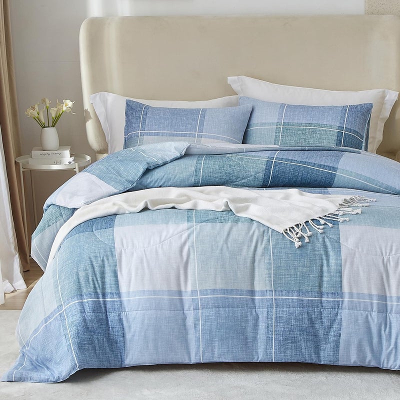 LifeTB Twin Xl Comforter Set Blue Checkered Comforter Set For Men Boys Geometric Checkered Plaid Printed Boho Bedding Comforter For All Seasons Fluffy Soft Lightweight Plaid Bedding Set Twin Xl - Image 2