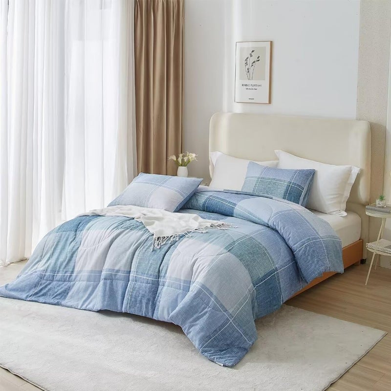 LifeTB Twin Xl Comforter Set Blue Checkered Comforter Set For Men Boys Geometric Checkered Plaid Printed Boho Bedding Comforter For All Seasons Fluffy Soft Lightweight Plaid Bedding Set Twin Xl - Image 3