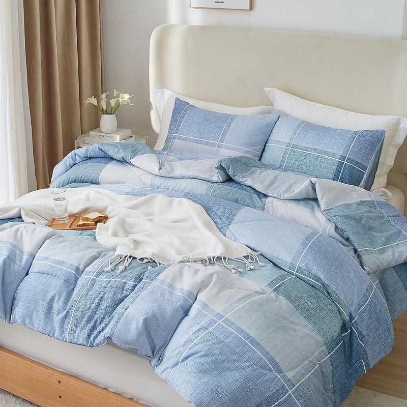 LifeTB Twin Xl Comforter Set Blue Checkered Comforter Set For Men Boys Geometric Checkered Plaid Printed Boho Bedding Comforter For All Seasons Fluffy Soft Lightweight Plaid Bedding Set Twin Xl - Image 4