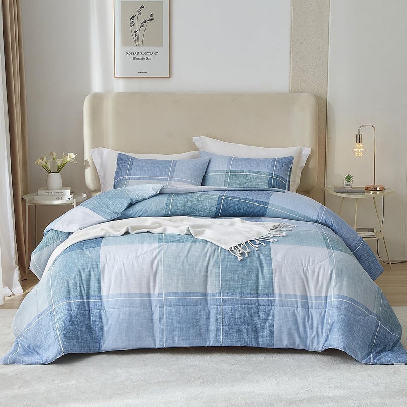 LifeTB Twin Xl Comforter Set Blue Checkered Comforter Set For Men Boys Geometric Checkered Plaid Printed Boho Bedding Comforter For All Seasons Fluffy Soft Lightweight Plaid Bedding Set Twin Xl - Image 1