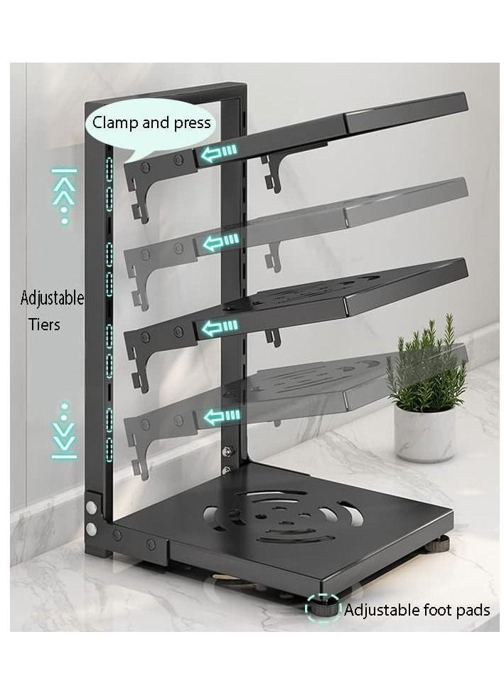 TYCOM Pots and Pans Organizer for Cabinet,Kitchen Organizer and Storage Rack,Space Saving Stand with Adjustable Dividers,3 Layer Single Sided With Panel Black  - Image 5