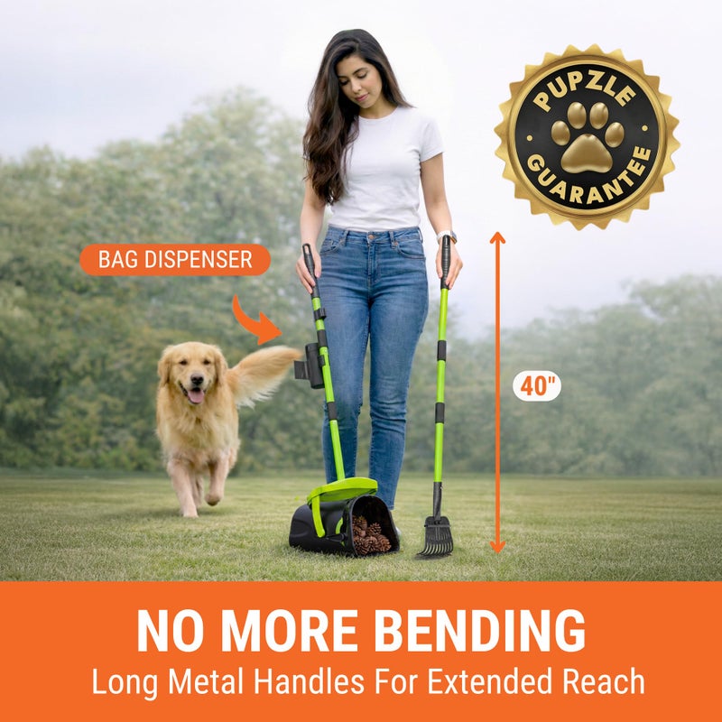 Pupzle Dog Pooper Scooper with Bag Attachment, 40" Long Handle Pooper Scooper for Large Dogs, Dog Poop Scoop for Yard, Large Capacity Swivel Bin and Rake, Lavender Scented Bags (Green) - Image 2