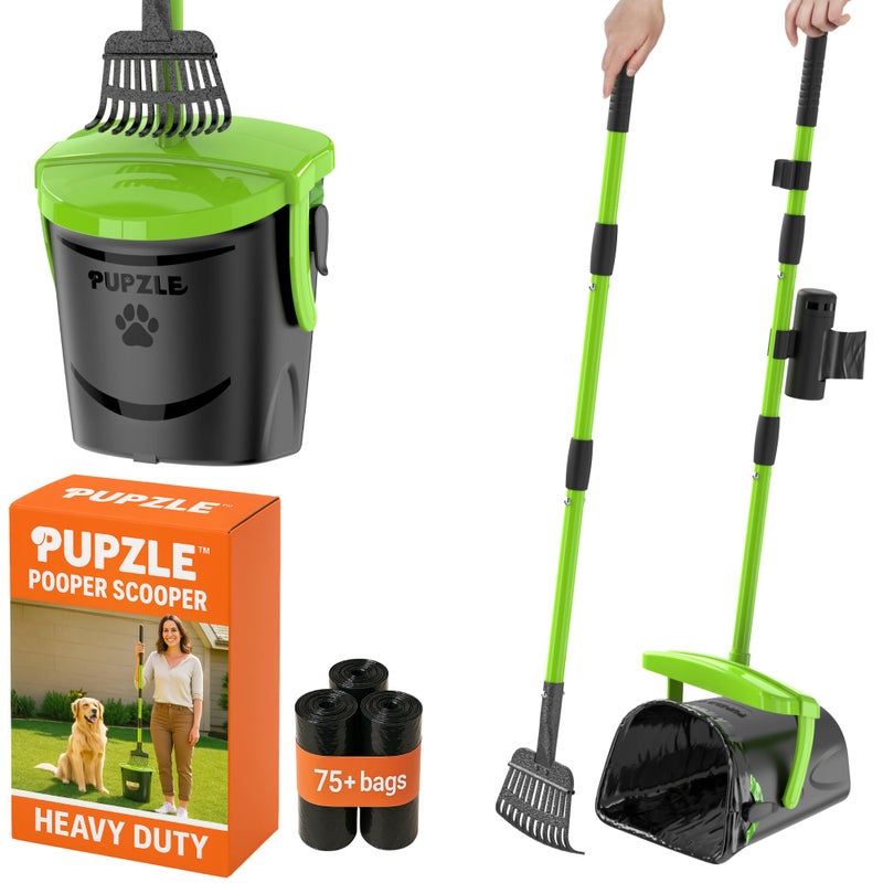 Pupzle Dog Pooper Scooper with Bag Attachment, 40" Long Handle Pooper Scooper for Large Dogs, Dog Poop Scoop for Yard, Large Capacity Swivel Bin and Rake, Lavender Scented Bags (Green) - Image 1