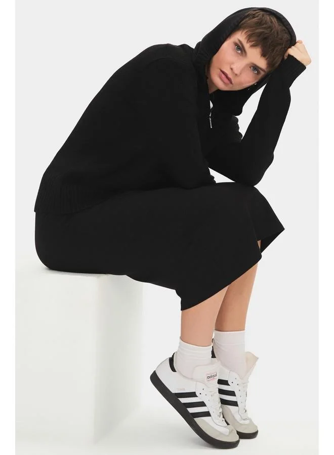 JUNE June Women Fitted Zippered Hooded Knitwear Cardigan Black