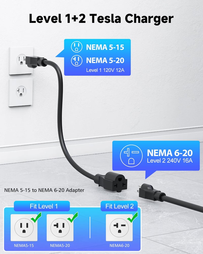 SEGUMA Portable Level 1/2 EV Charger for Tesla, 16Amp NACS Car Charger with 110V-240V, 25FT Extension Cable, NEMA 6-20 Plug, NEMA 5-15 Adapter, Home Mobile Wall Connector EV Charging Station for Tesla Cars - Image 3