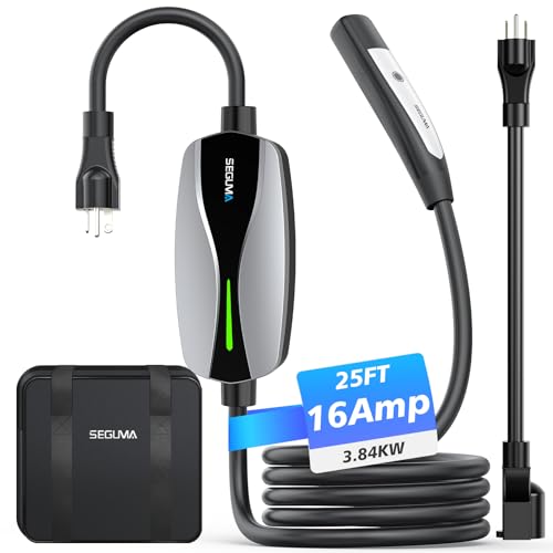 SEGUMA Portable Level 1/2 EV Charger for Tesla, 16Amp NACS Car Charger with 110V-240V, 25FT Extension Cable, NEMA 6-20 Plug, NEMA 5-15 Adapter, Home Mobile Wall Connector EV Charging Station for Tesla Cars - Image 1