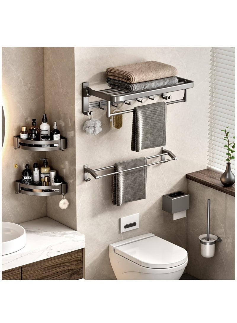 Towel Rack with Towel Bar Holder Foldable Towel Shelf with Movable Hooks Rustproof Towel Storage Wall Mount for Bathroom Lavatory Matte Black - Image 3