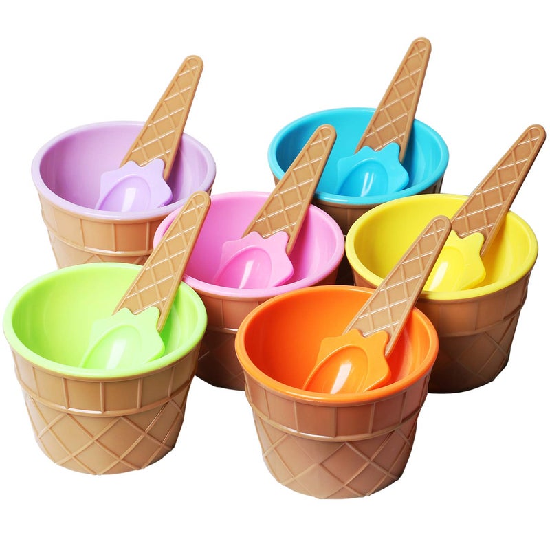TRIXES Set of 6 Ice Cream Dessert Bowls and Matching Spoons, Plastic, Assorted Cute Colours Pink, Lilac, Blue Orange, Yellow & Green, Wafer Design Ice Cream Cone Bowl - Image 2