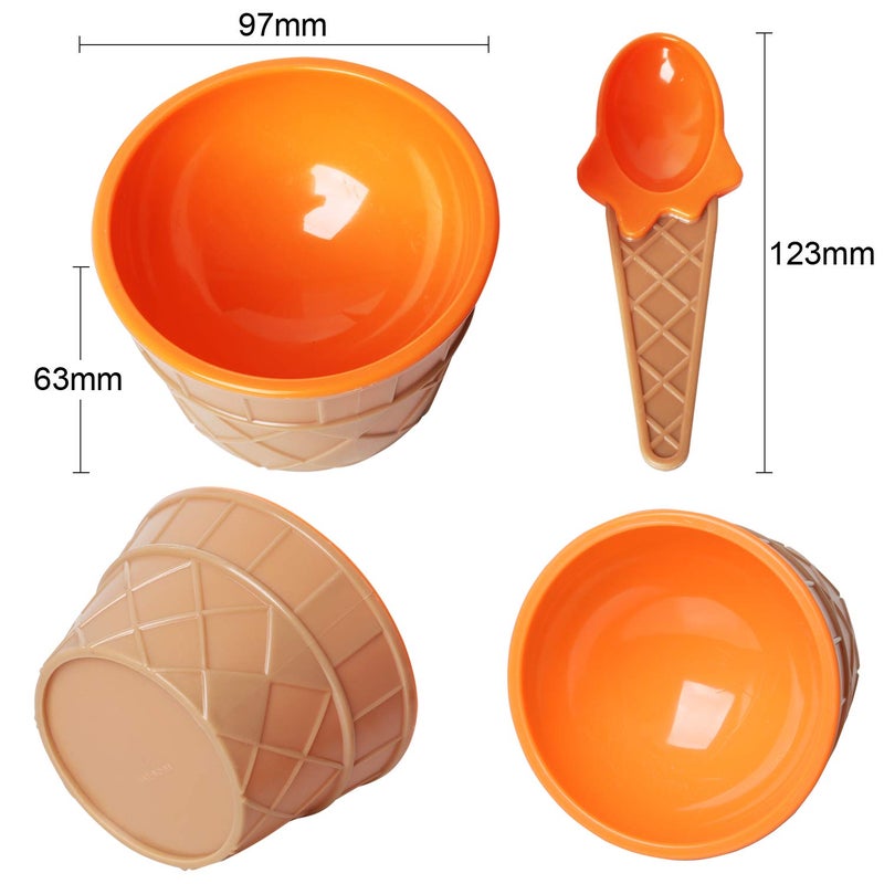 TRIXES Set of 6 Ice Cream Dessert Bowls and Matching Spoons, Plastic, Assorted Cute Colours Pink, Lilac, Blue Orange, Yellow & Green, Wafer Design Ice Cream Cone Bowl - Image 4