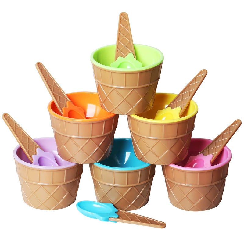 TRIXES Set of 6 Ice Cream Dessert Bowls and Matching Spoons, Plastic, Assorted Cute Colours Pink, Lilac, Blue Orange, Yellow & Green, Wafer Design Ice Cream Cone Bowl - Image 1