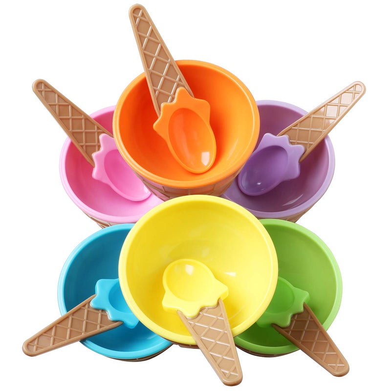 TRIXES Set of 6 Ice Cream Dessert Bowls and Matching Spoons, Plastic, Assorted Cute Colours Pink, Lilac, Blue Orange, Yellow & Green, Wafer Design Ice Cream Cone Bowl - Image 3