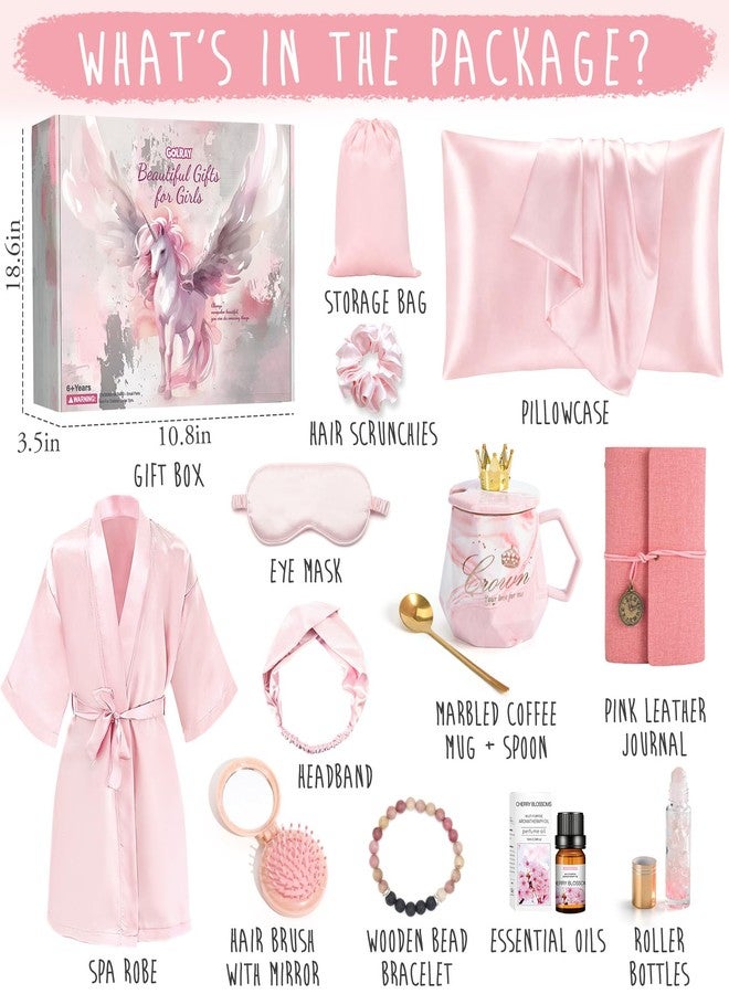 Golray Gifts for Teen Girls Kids -13 Pcs Teenage Girl Basket with Satin Pillowcase/Spa Robe/Journal/Mug, Christmas Birthday Gifts Set for Women Daughter Sister Tween Toy Age 10 11 12 14-18 - Image 2