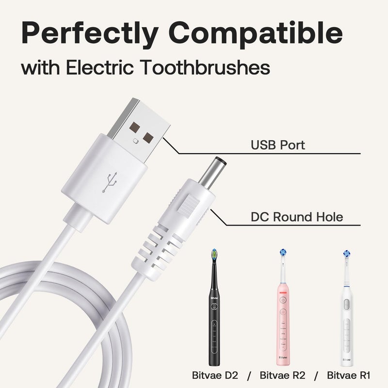 Bitvae Replacement Charger Cable, Fits D2/R1/R2/S2 Electric Toothbrush, C2/C5/C6 Water Dental flosser, USB DC Charging Cord, White - Image 3