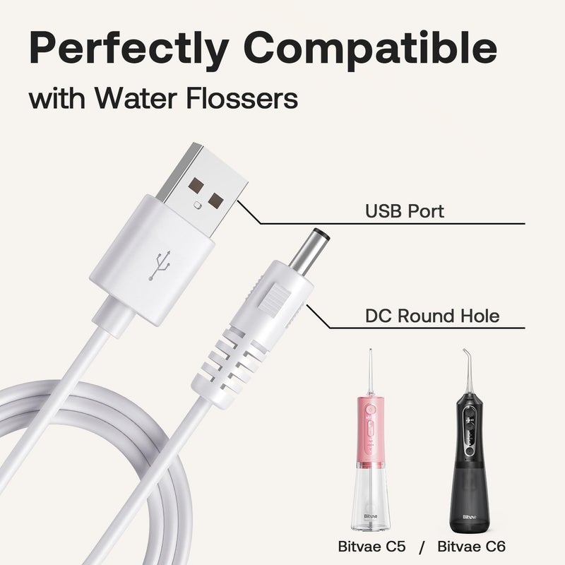 Bitvae Replacement Charger Cable, Fits D2/R1/R2/S2 Electric Toothbrush, C2/C5/C6 Water Dental flosser, USB DC Charging Cord, White - Image 2