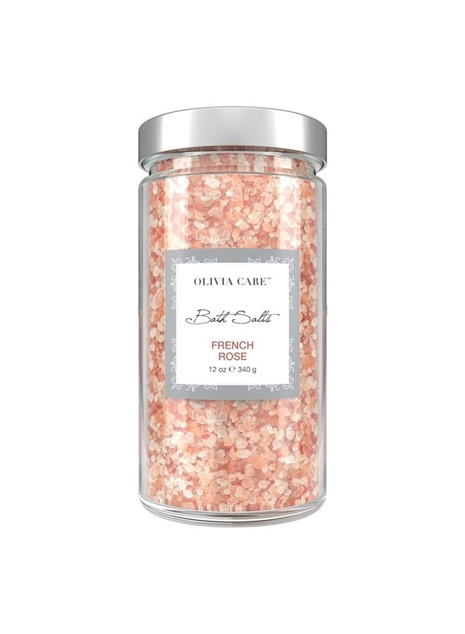 Olivia Care أملاح الاستحمام الوردية من هيمالايا - تخفف وترخي العضلات. تقشير، شفاء، تجديد، تنظيف وتهدئة البشرة | مصنوعة من مكونات طبيعية. عطر منعش - 12 أونصة (وردة فرنسية، عبوة واحدة) - Image 1