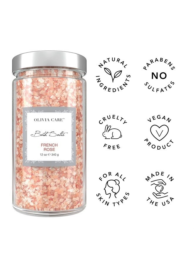 Olivia Care أملاح الاستحمام الوردية من هيمالايا - تخفف وترخي العضلات. تقشير، شفاء، تجديد، تنظيف وتهدئة البشرة | مصنوعة من مكونات طبيعية. عطر منعش - 12 أونصة (وردة فرنسية، عبوة واحدة) - Image 3