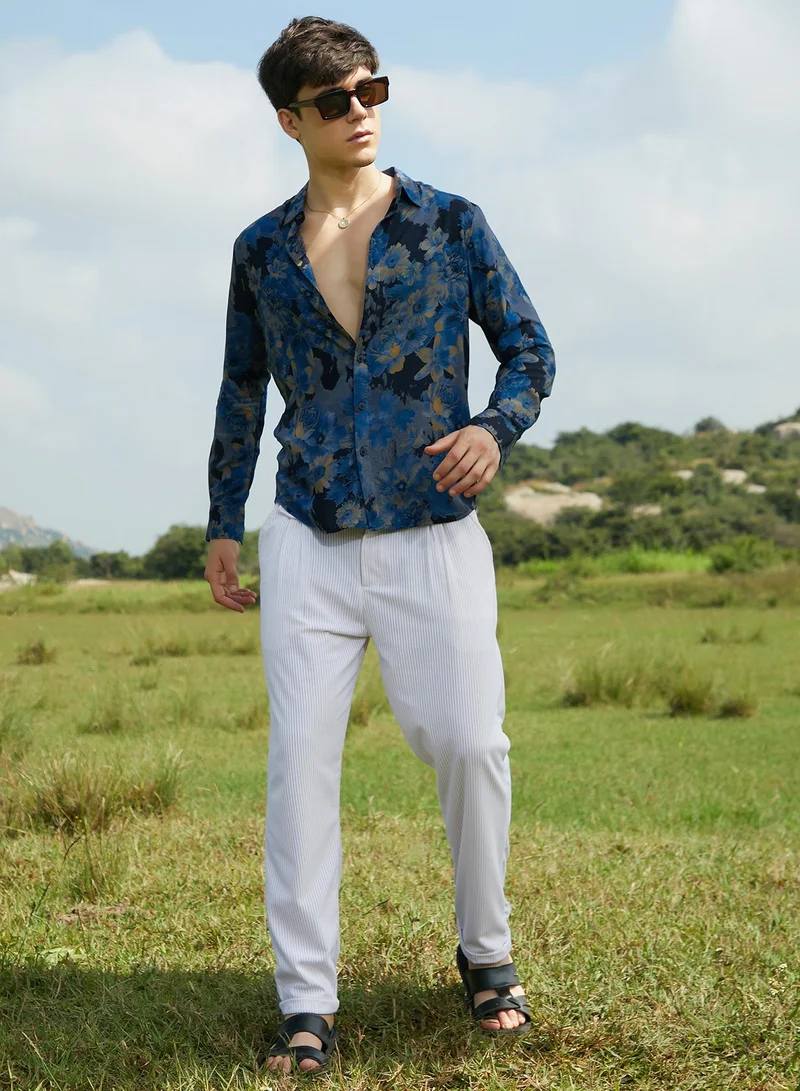Campus Sutra Men's Lapis Blue Bi-Hue Daisy Shirt