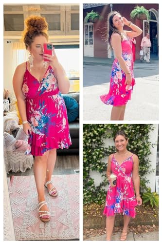 ULTRANICE Summer Dress Women 2025 Spring Casual Sundress Floral Trendy Flowy Wrap Beach Vacation Outfits Clothes Midi V-Neck Spaghetti Strap Ruffle Hem Dresses(Rose Red Pink Blue Floral,M) - Image 3
