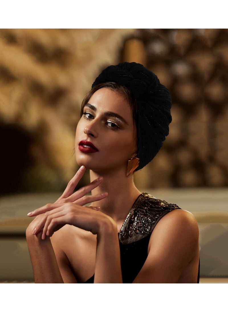 قبعة عمامة نسائية بنمط أفريقي معقودة مسبقًا بتصميم زهرة قابلة للتمدد، بوليستر، أسود، مقاس واحد - Image 3