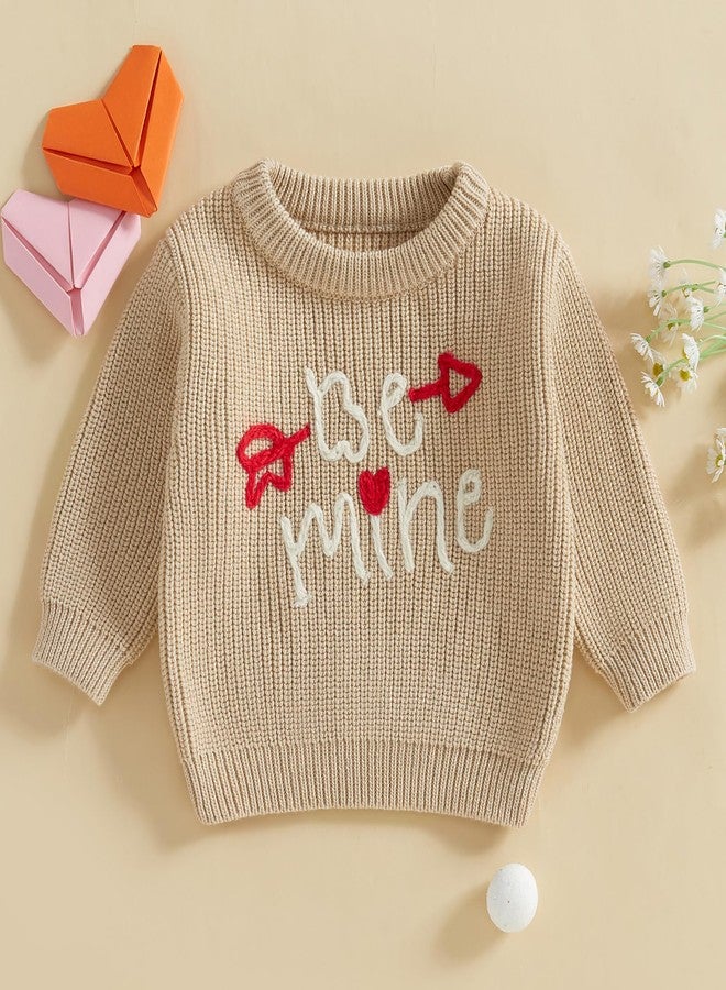 Lesimsam Toddler Baby Boy Girl Valentines Outfit Heart/Letter Embroidery Long Sleeve Knit Sweater Pullover Sweatshirt Top (Be Mine Arrow-Khaki, 3-4 Years) - Image 2