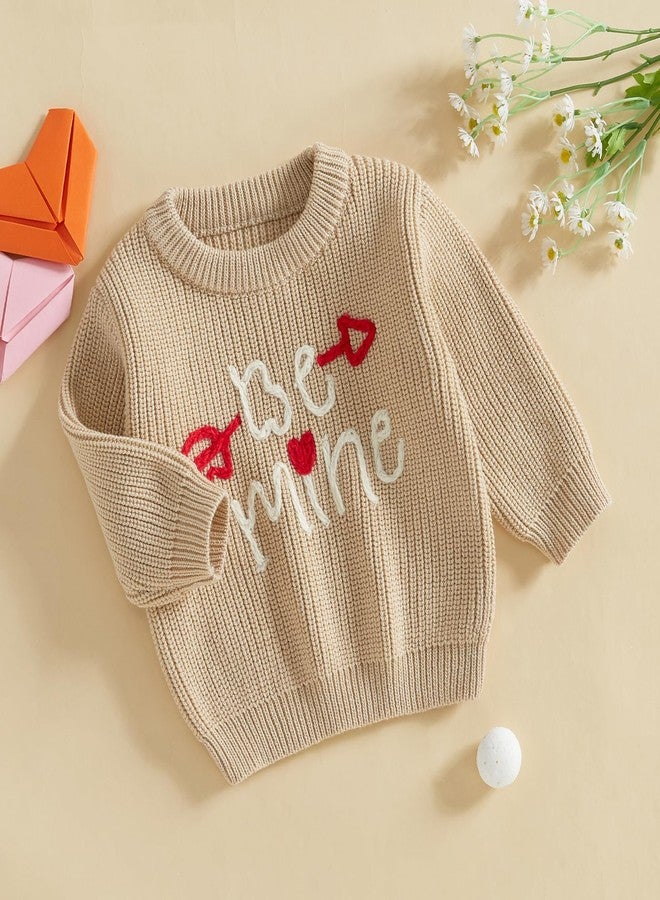 Lesimsam Toddler Baby Boy Girl Valentines Outfit Heart/Letter Embroidery Long Sleeve Knit Sweater Pullover Sweatshirt Top (Be Mine Arrow-Khaki, 3-4 Years) - Image 3