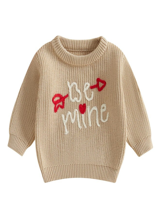 Lesimsam Toddler Baby Boy Girl Valentines Outfit Heart/Letter Embroidery Long Sleeve Knit Sweater Pullover Sweatshirt Top (Be Mine Arrow-Khaki, 3-4 Years) - Image 1