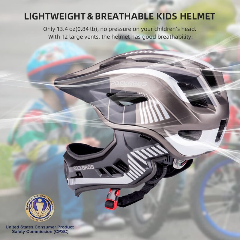 ROCKBROS Kids Full Face Helmet Kids Bike Helmets Lightweight Toddler Mountain Bike Helmet Detachable for MTB BMX Skating Cycling Scooter Safety Bicycle Helmets for Youth Child Boys Girls Ages 3-16 - Image 2