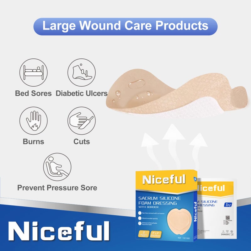 Niceful Sacral Foam Dressing 9" x 9" - Border Sacrum Bandage for Bed Sores Pressure, Silicone Adhesive Wound Dressing Pads for Large Wound, 5 Count - Image 4
