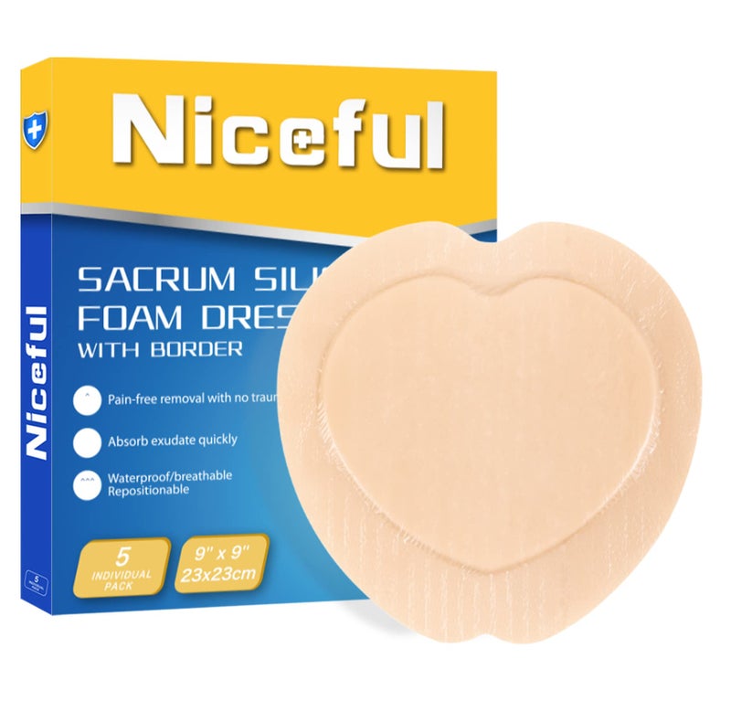 Niceful Sacral Foam Dressing 9" x 9" - Border Sacrum Bandage for Bed Sores Pressure, Silicone Adhesive Wound Dressing Pads for Large Wound, 5 Count - Image 1