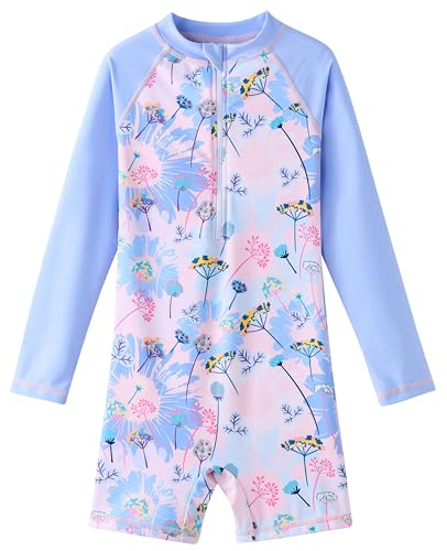 UMELOK Girls Rash Guard Swimsuits Long Sleeve One Piece Swimwear with UPF 50+ Sun Protection Zipper Bathing Suits Blue Pink Flower,4T - Image 1
