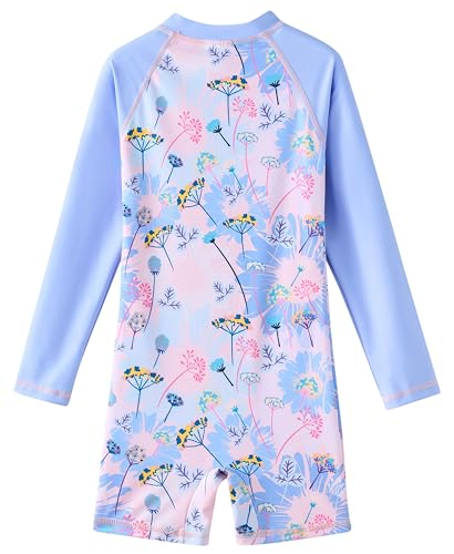 UMELOK Girls Rash Guard Swimsuits Long Sleeve One Piece Swimwear with UPF 50+ Sun Protection Zipper Bathing Suits Blue Pink Flower,4T - Image 2