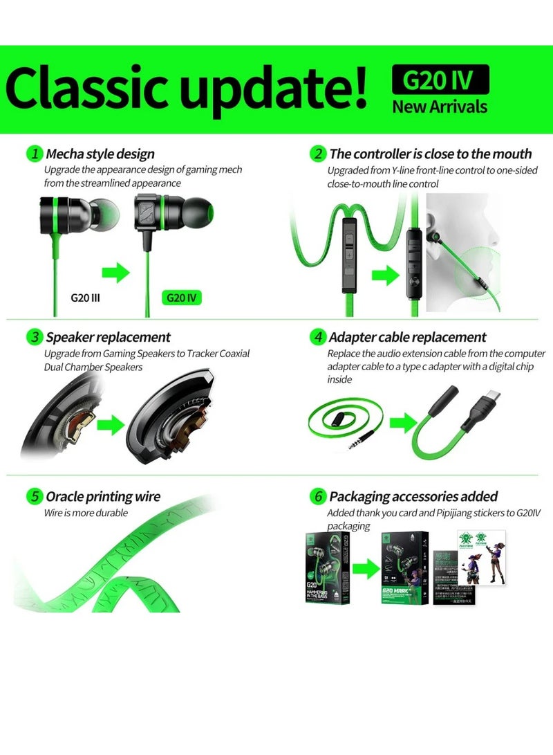 3.5mm Wired Earphones,  G20 Gaming Headphones with Metal Bass, HD Microphone, Type-C Adapter, Stereo Gaming Earphone Green - Image 5