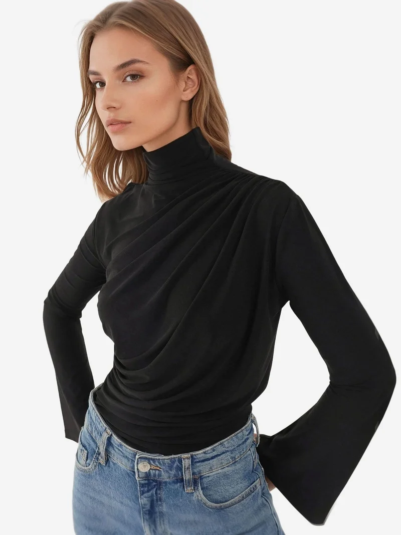 HICCUP Elegant Long Sleeve Slim Fit Crew Neck Drapped Top