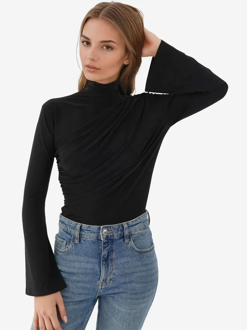 HICCUP Elegant Long Sleeve Slim Fit Crew Neck Drapped Top