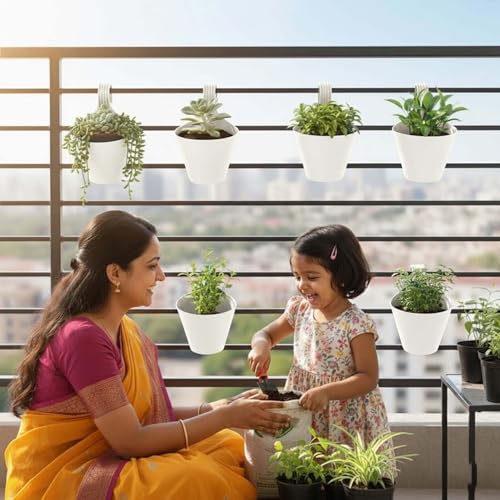 Go Hooked Plastic Hanging Planter for Plants, Vertical Gardens, Modern Living, Greenery, Compact Living Spaces, Railing Flower Pots, Pot Diameter (22 cm), Pot Height (17 cm) (Set of 5) (White) - Image 3