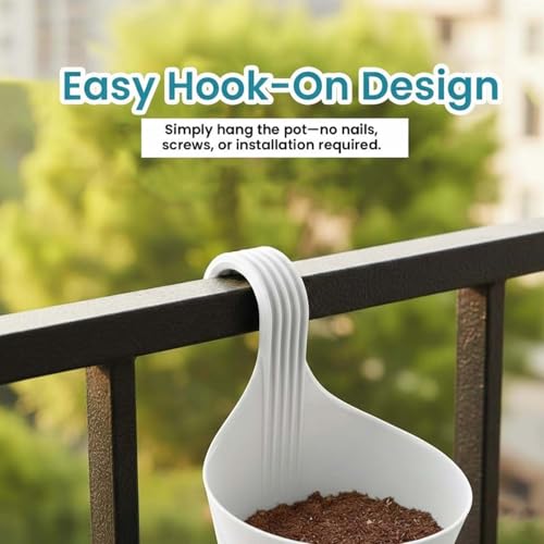 Go Hooked Plastic Hanging Planter for Plants, Vertical Gardens, Modern Living, Greenery, Compact Living Spaces, Railing Flower Pots, Pot Diameter (22 cm), Pot Height (17 cm) (Set of 5) (White) - Image 5