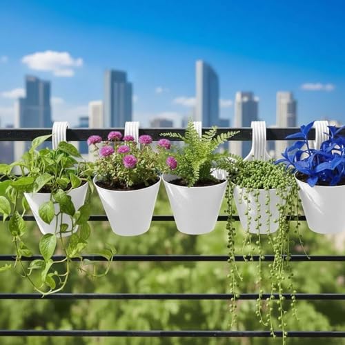 Go Hooked Plastic Hanging Planter for Plants, Vertical Gardens, Modern Living, Greenery, Compact Living Spaces, Railing Flower Pots, Pot Diameter (22 cm), Pot Height (17 cm) (Set of 5) (White) - Image 1