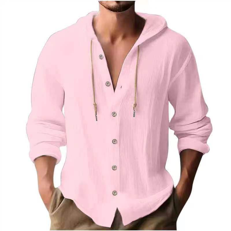 Generic Cross-border Mens Sports Casual Long Sleeve Shirt Cotton Linen Hooded Fashion Sweatshirt Trendy All-match Loose Beach T-shirt Pink