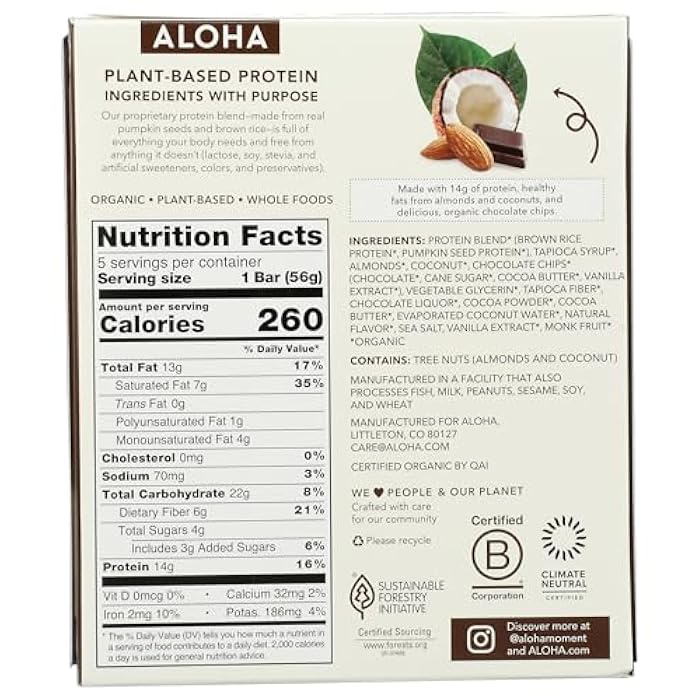 Aloha Organic Coconut Chocolate Almond Protein Bar 5 Count, 1.98 OZ - Image 2