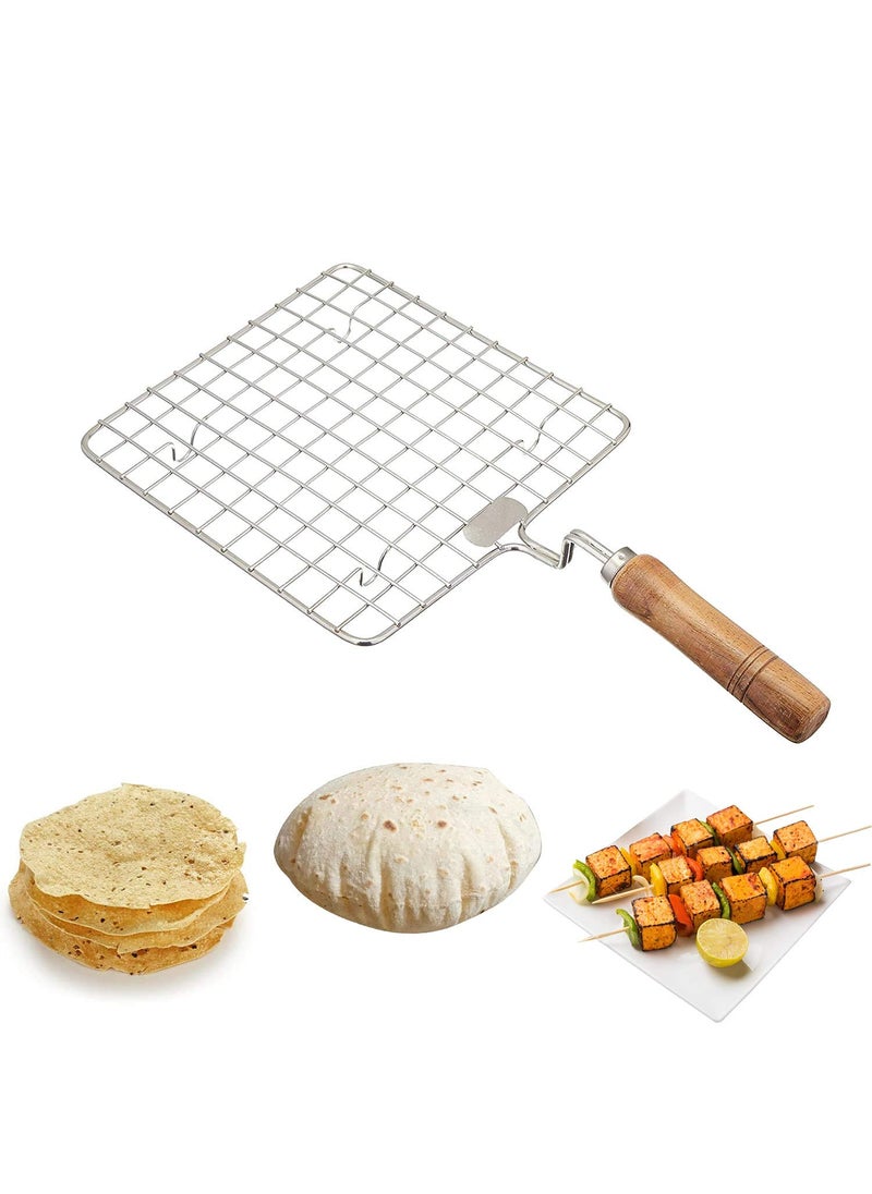 CAMDEN CAMDEN Stainless Steel Wire Round Wooden Handle Roaster Papad Jali Paneer Grill Roti Maker Chapati Toast Grill Roaster  - Image 1